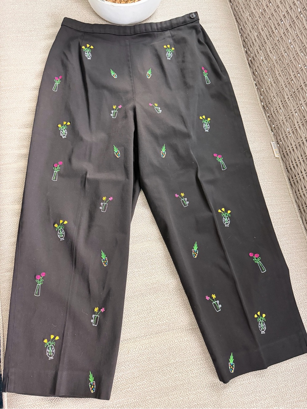 Coldwater Creek Black high rise Pants with Colorful Floral Embroidery